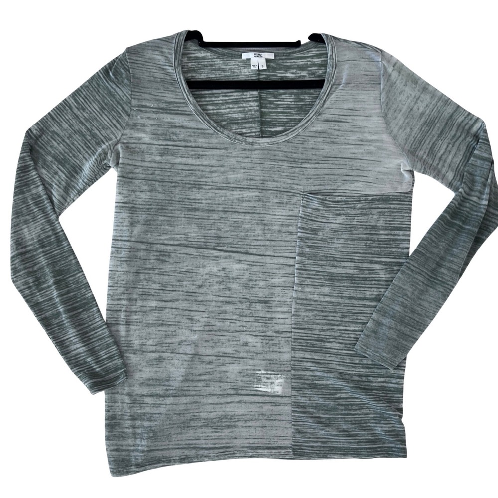 HELMUT LANG Green semisheer‎ Striped Long Sleeve Pocket Tee Shirt Women's Size S